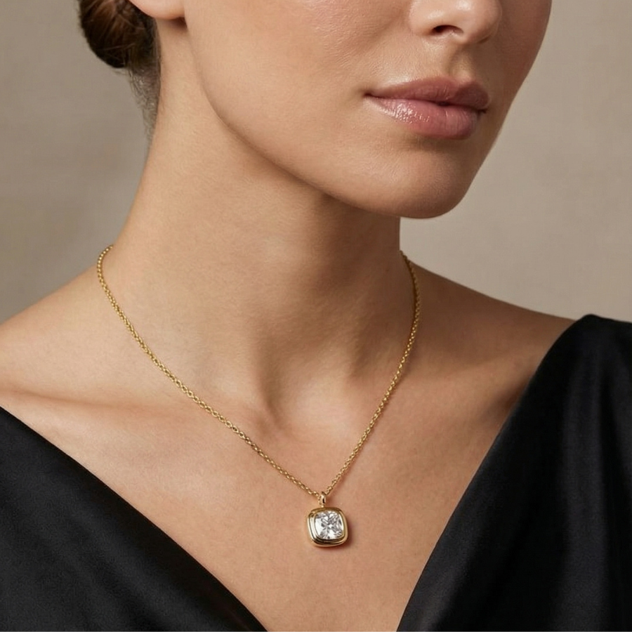 Square Diamond Necklace & Earrings Solitaire Combo Set